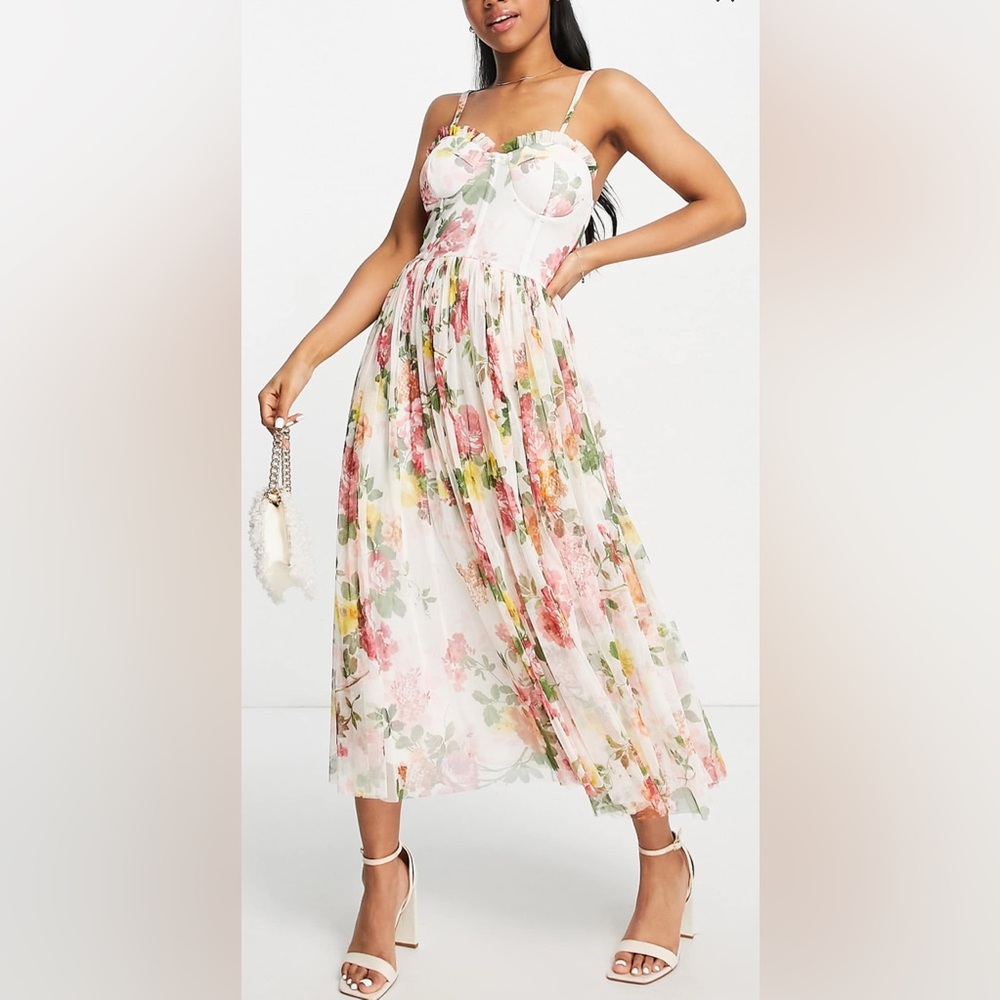 Lace and Beads Corset Tulle Midi Dress in soft floral UK14 (US 10)